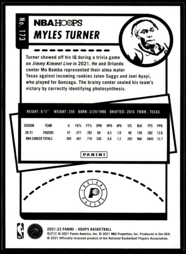 2021 NBA Hoops Indiana Pacers #173 Myles Turner