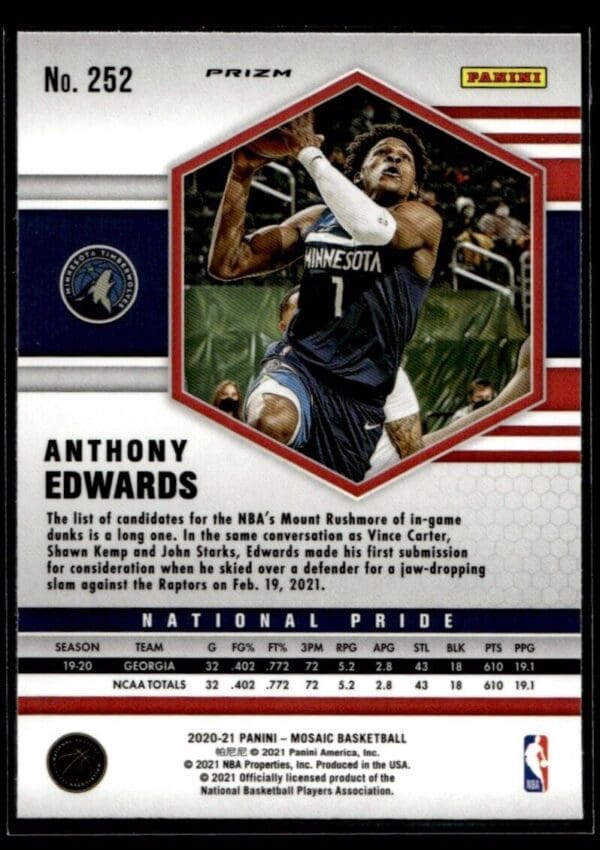 2020 Panini Mosaic Minnesota Timberwolves #252 Anthony Edwards Pink Prizm