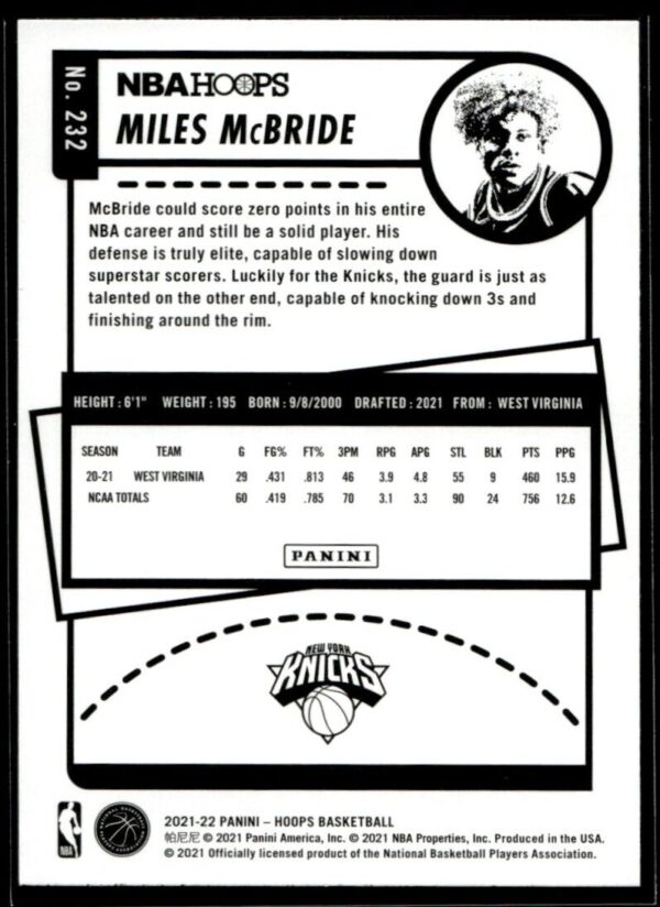 2021 Hoops New York Knicks #232 Miles McBride RC Rookie Purple