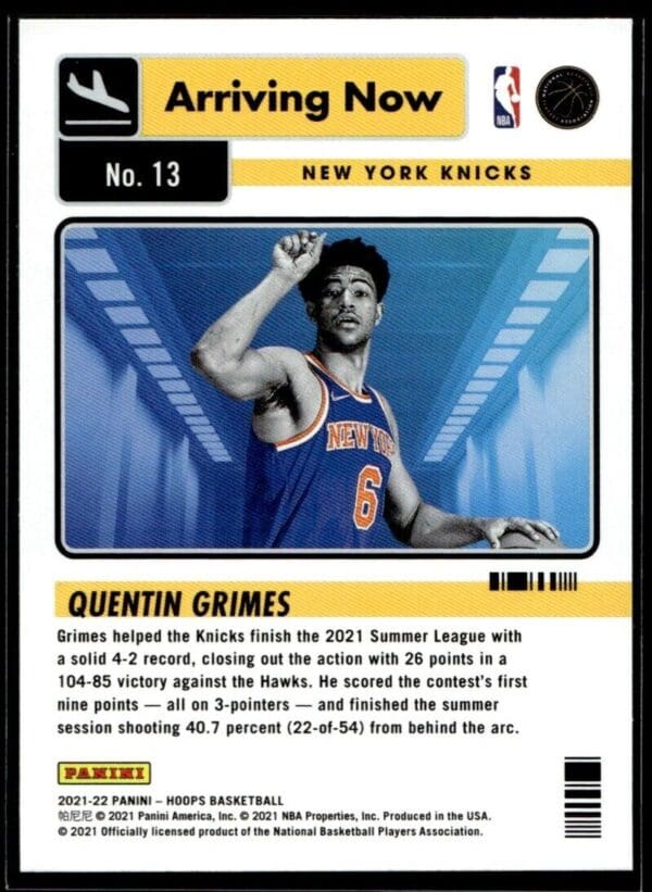 2021 NBA Hoops Arriving Now New York Knicks #13 Quentin Grimes RC Rookie