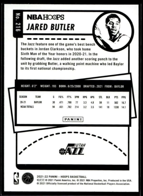 2021 Hoops Utah Jazz #216 Jared Butler RC Rookie Blue