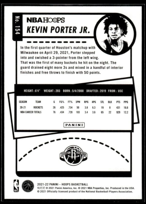 2021 Hoops Houston Rockets #154 Kevin Porter Jr. Purple