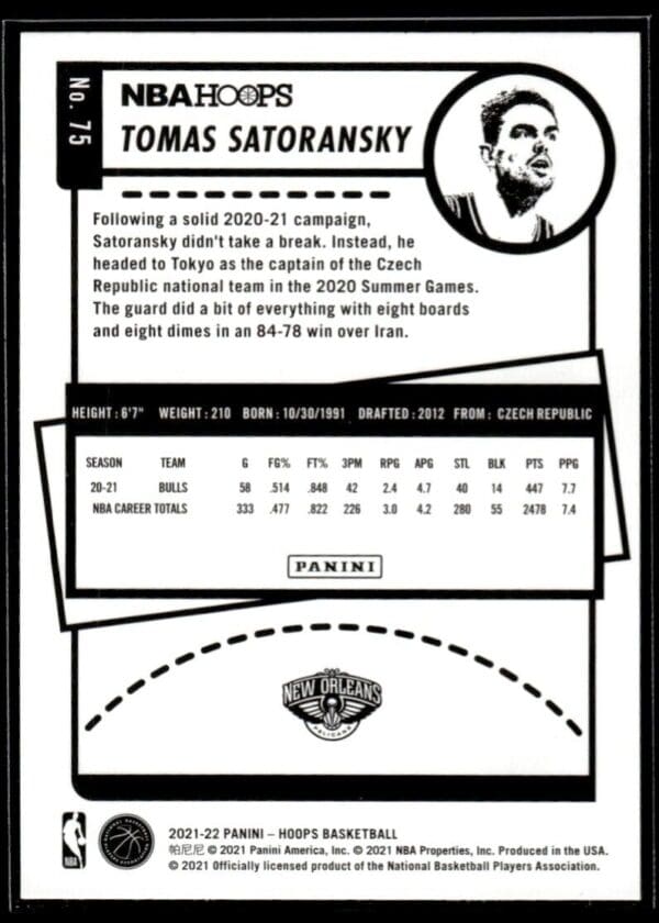 2021 Hoops New Orleans Pelicans #75 Tomas Satoransky Purple