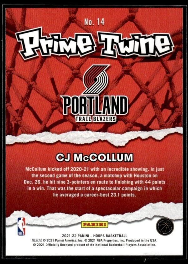 _10 2021 Hoops Prime Twine Portland Trail Blazers #14 CJ McCollum