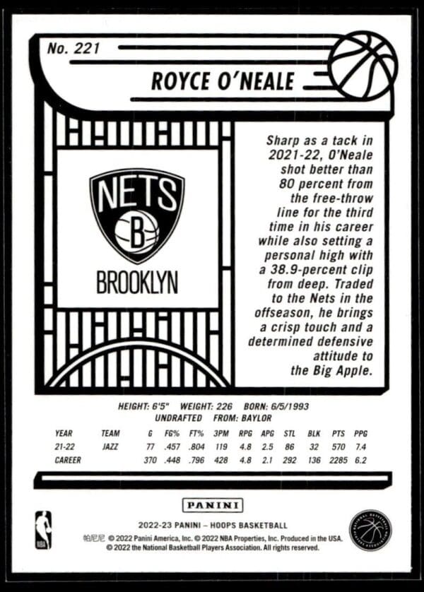 2022 NBA Hoops Brooklyn Nets #221 Royce O'Neale