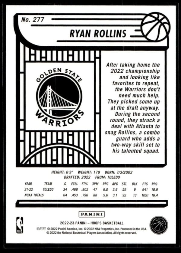2022 NBA Hoops Golden State Warriors #277 Ryan Rollins RC Rookie