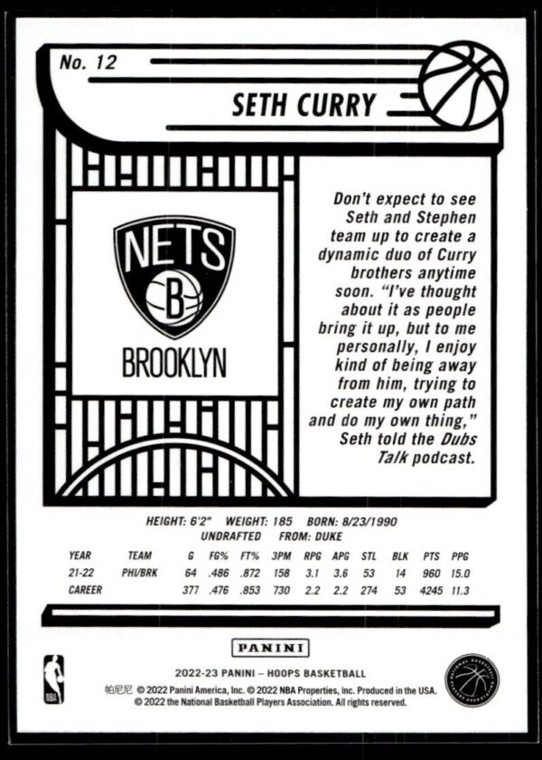 2022 NBA Hoops Brooklyn Nets #12 Seth Curry