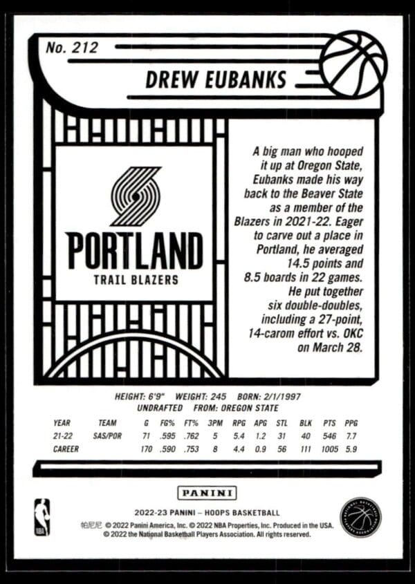 2022 NBA Hoops Portland Trail Blazers #212 Drew Eubanks