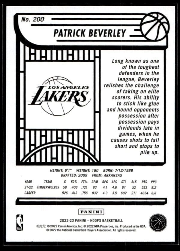 _10 2022 NBA Hoops Los Angeles Lakers #200 Patrick Beverley
