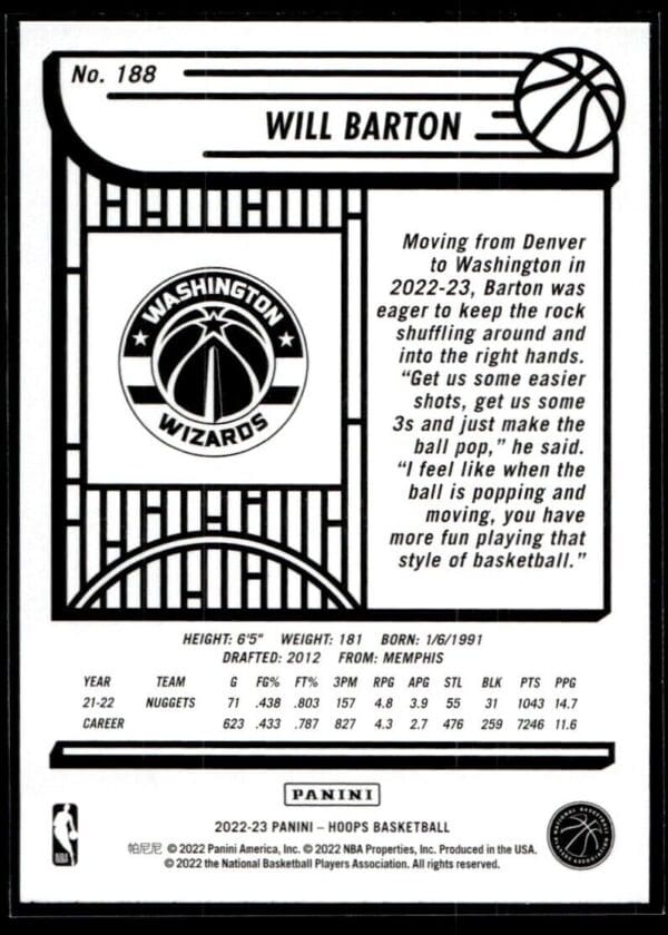 2022 NBA Hoops Washington Wizards #188 Will Barton