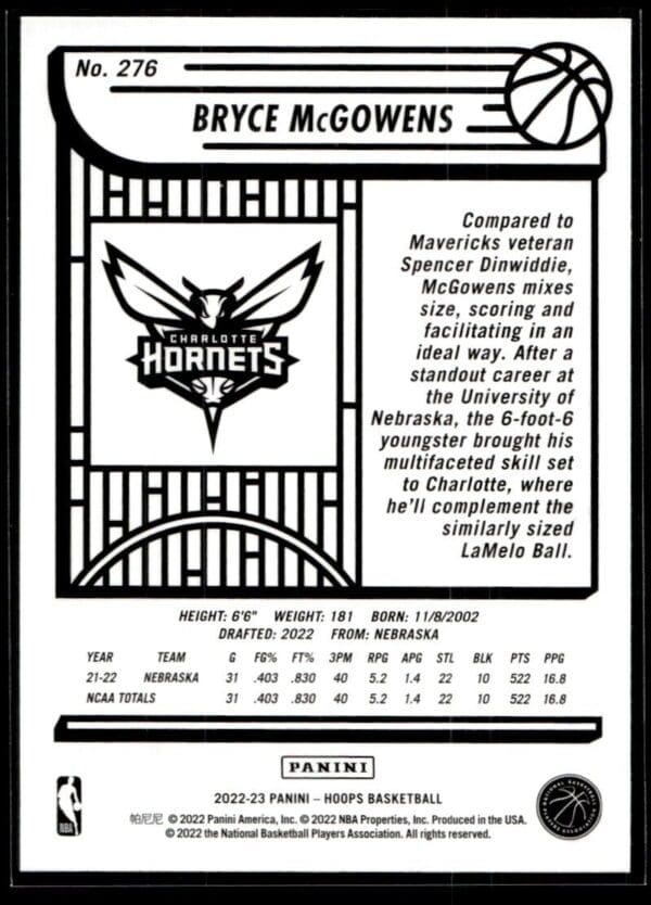 2022 NBA Hoops Charlotte Hornets #276 Bryce McGowens RC Rookie