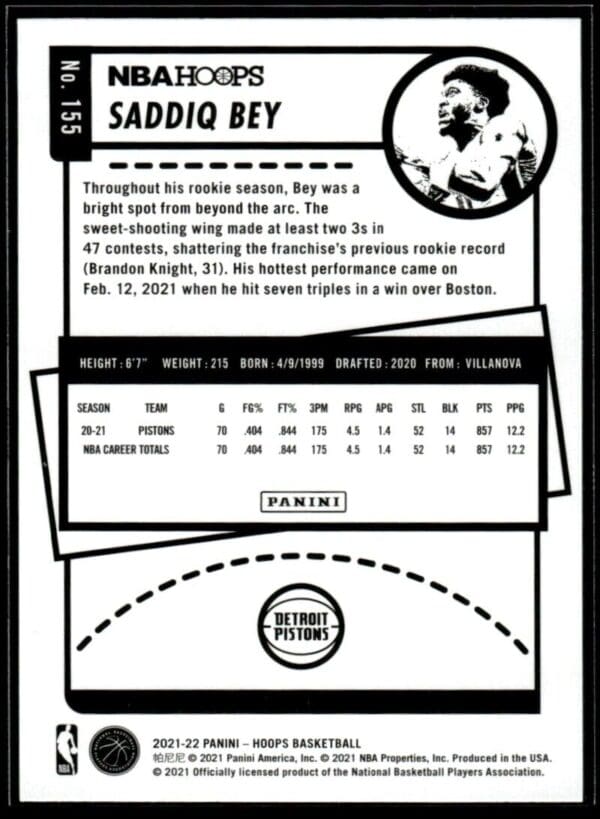_10 2021 NBA Hoops Detroit Pistons #155 Saddiq Bey RC Rookie