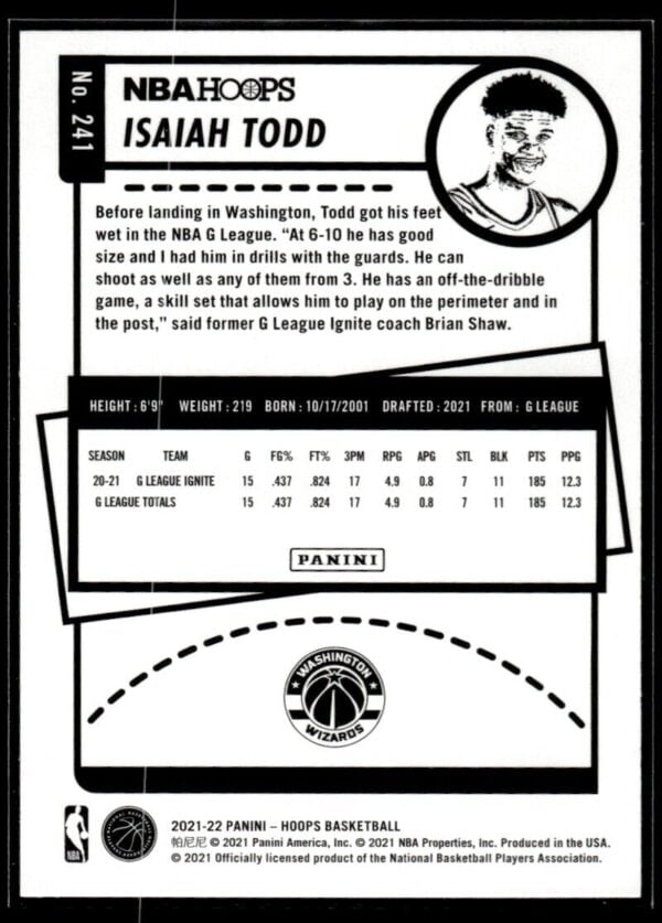 2021 NBA Hoops Washington Wizards #241 Isaiah Todd RC Rookie