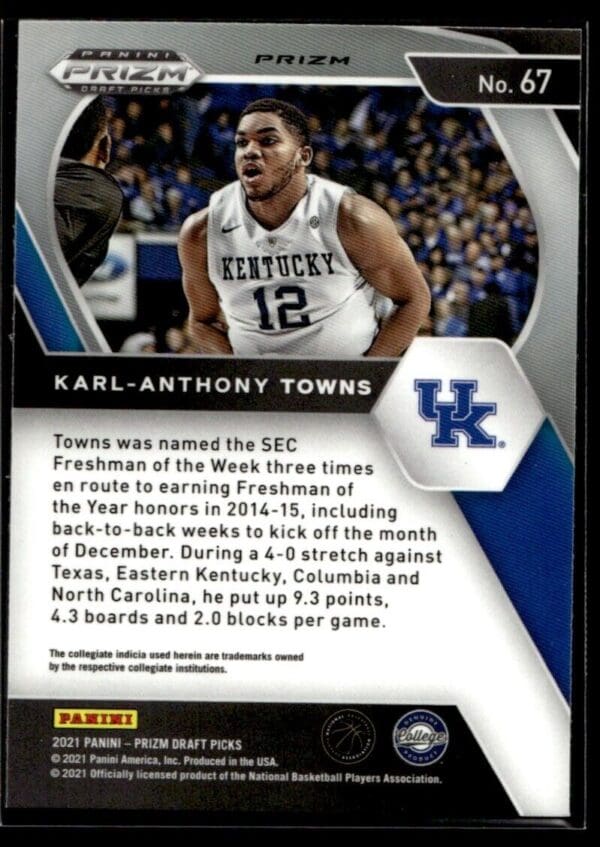 _10 2021 Panini Prizm Draft Picks Kentucky Wildcats #67 Karl-Anthony Towns Orange Cr