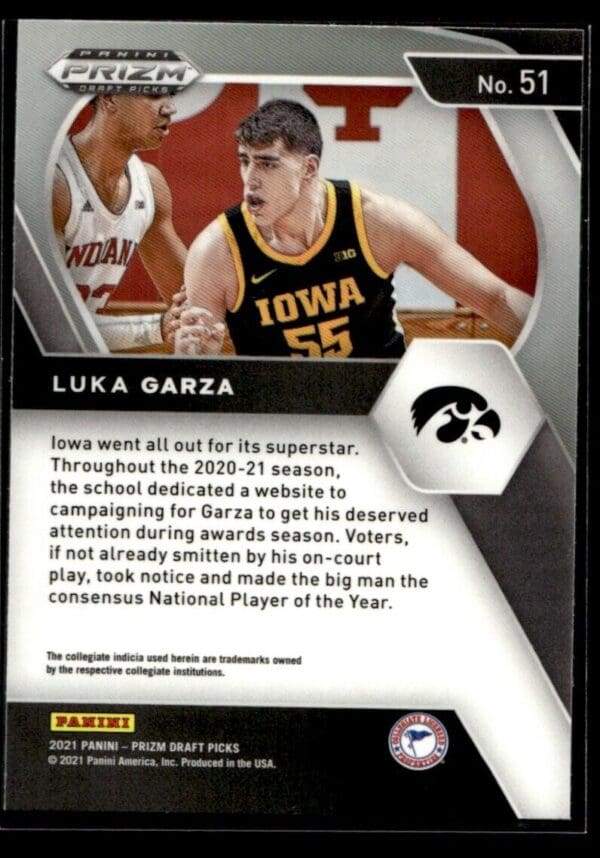 2021 Panini Prizm Draft Picks Iowa Hawkeyes #51 Luka Garza RC Rookie
