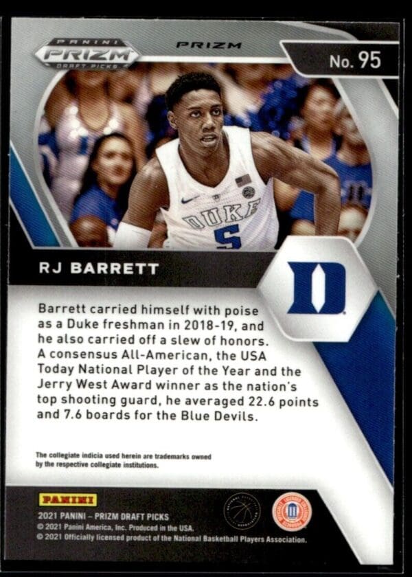 2021 Panini Prizm Draft Picks Duke Blue Devils #95 RJ Barrett Orange Cracked Ice