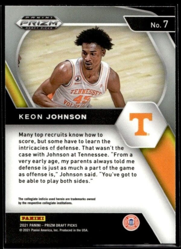 _10 2022 Panini Prizm Draft Picks Tennessee Volunteers #7 Keon Johnson RC Rookie