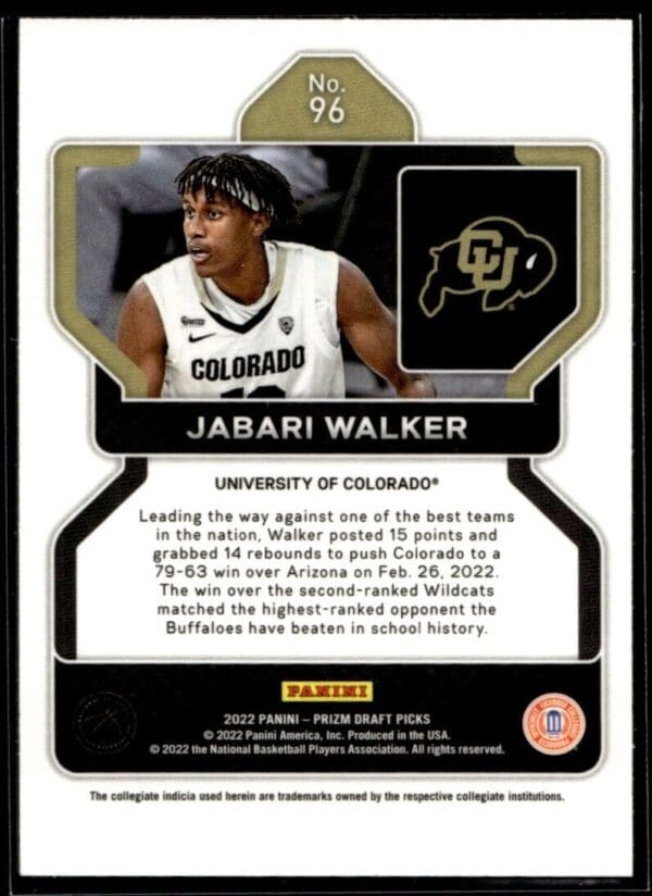 2022 Panini Prizm Draft Picks University of Colorado #96 Jabari Walker RC Rookie