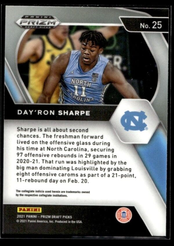 2022 Panini Prizm Draft Picks North Carolina Tar Heels #25 Day'Ron Sharpe RC Roo