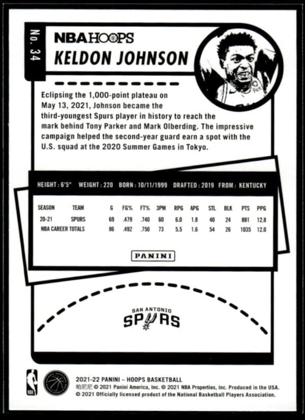 _10 2021 NBA Hoops San Antonio Spurs #34 Keldon Johnson