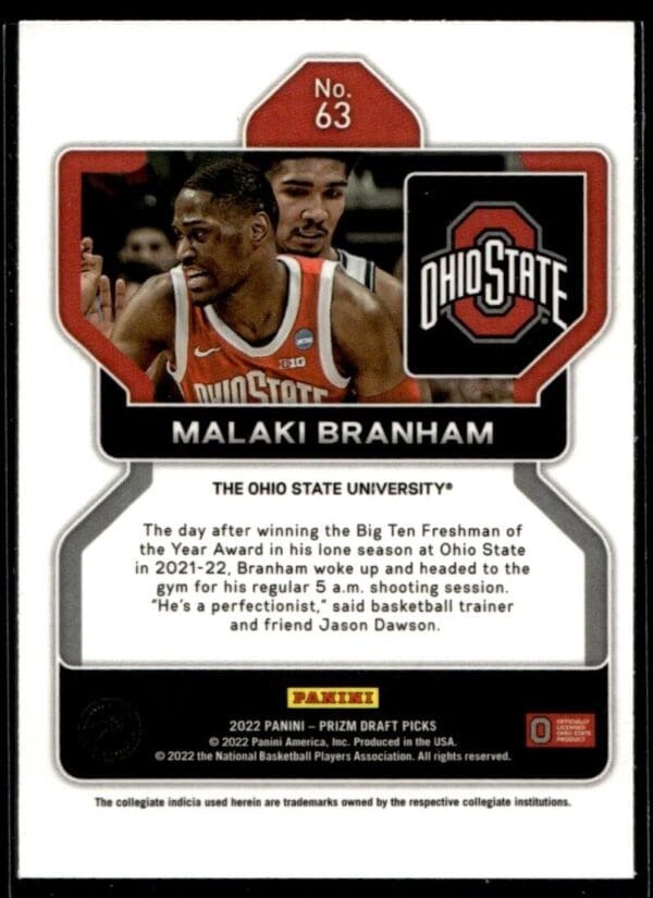 2022 Panini Prizm Draft Picks Ohio State University #63 Malaki Branham RC Rookie