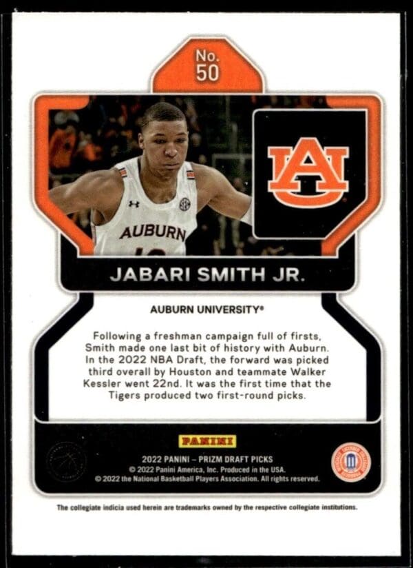 2022 Panini Prizm Draft Picks Auburn University #50 Jabari Smith Jr. RC Rookie