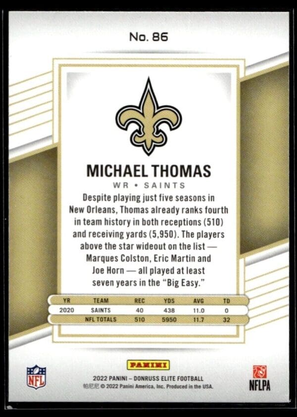 _10 2022 Donruss Elite New Orleans Saints #86 Michael Thomas