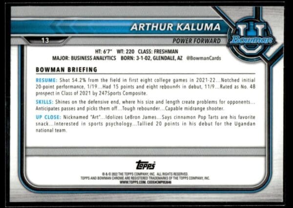 2022 Topps Bowman University  #13 Arthur Kuluma Pink Refractor