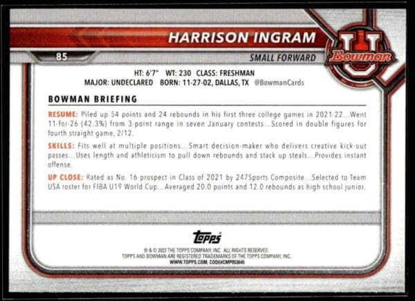 2022 Topps Bowman University  #85 Harrison Ingram