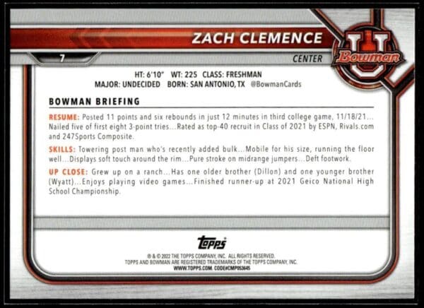 2022 Topps Bowman University  #7 Zach Clemence