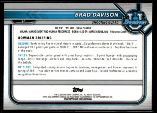 2022 Topps Bowman University  #30 Brad Davison Pink Refractor
