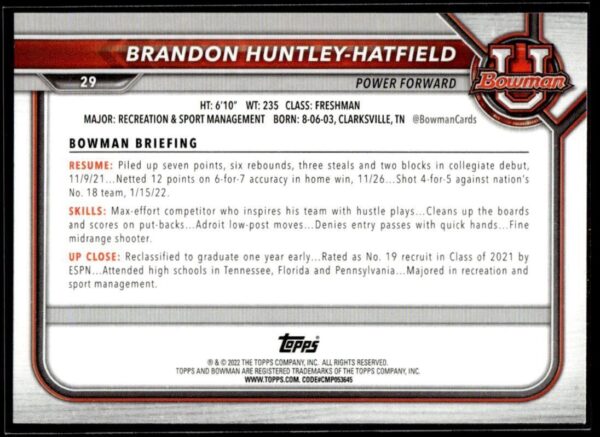 2022 Topps Bowman University  #29 Brandon Huntley-Hatfield