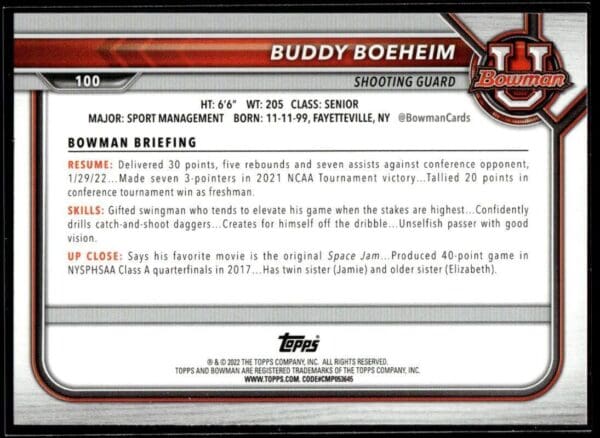 2022 Topps Bowman University  #100 Buddy Boheim