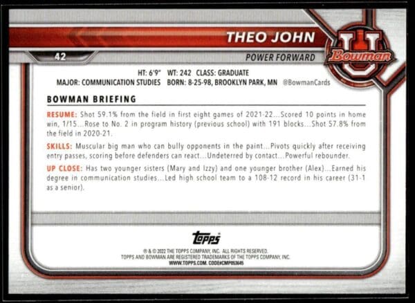 _10 2022 Topps Bowman University #42 Theo John