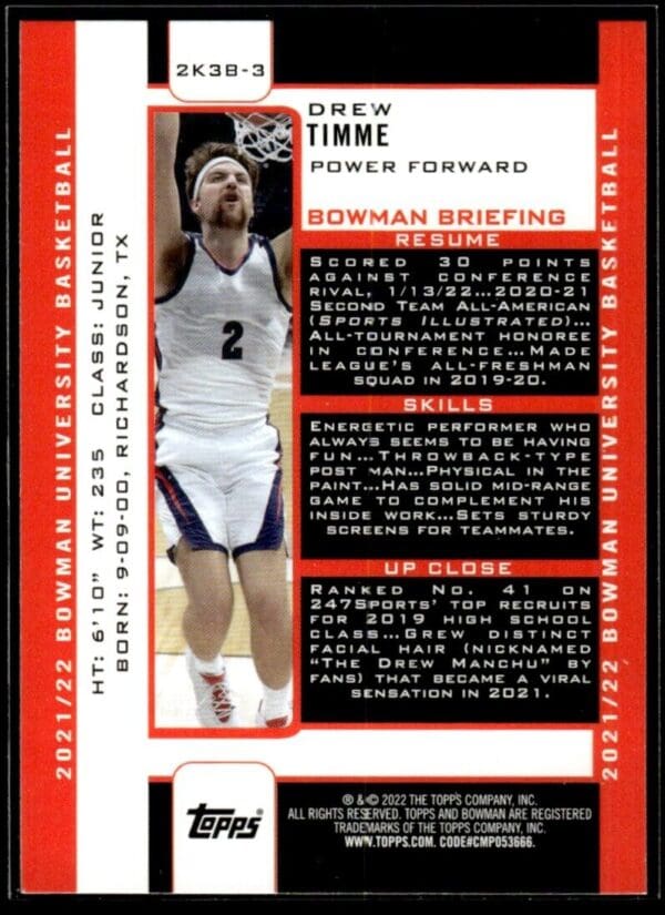 2022 Topps Bowman University Power Forward  #2K38-3 Drew Timme
