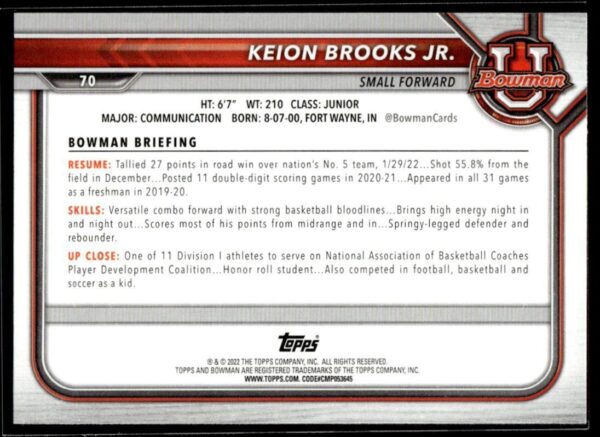 2022 Topps Bowman University  #70 Keion Brooks Jr.
