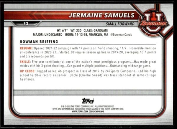 2022 Topps Bowman University  #53 Jermaine Samuels