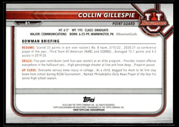 2022 Topps Bowman University  #81 Collin Gillespie