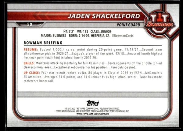 2022 Topps Bowman University  #50 Jaden Shackelford