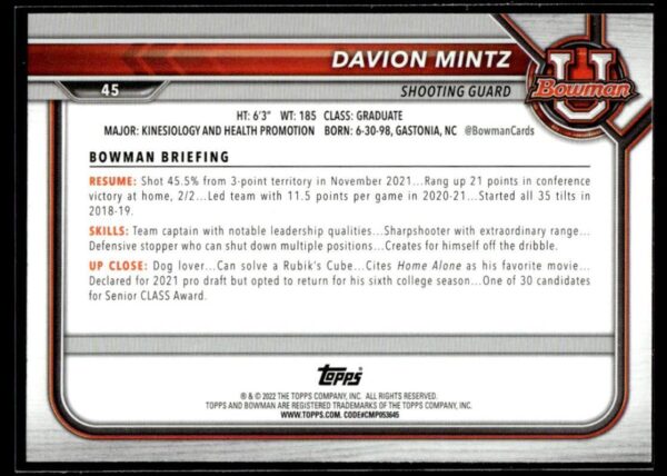 _10 2022 Topps Bowman University #45 Davion Mintz
