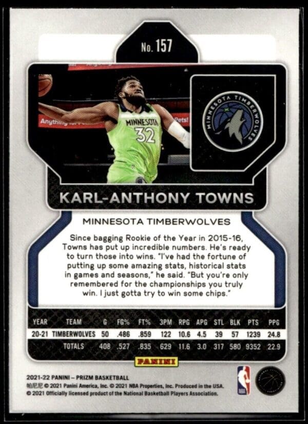 2021 Panini Prizm Minnesota Timberwolves #157 Karl-Anthony Towns