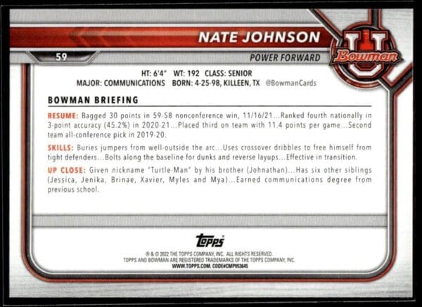 2022 Topps Bowman University  #59 Nate Johnson