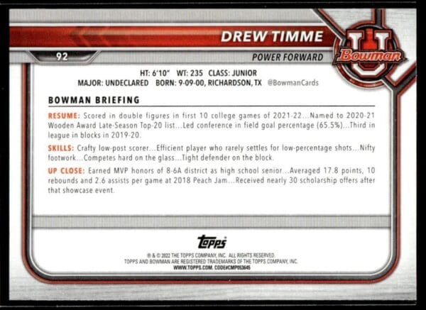 2022 Topps Bowman University  #92 Drew Timme