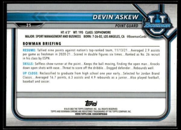 2022 Topps Bowman University  #25 Devin Askew Pink Refractor