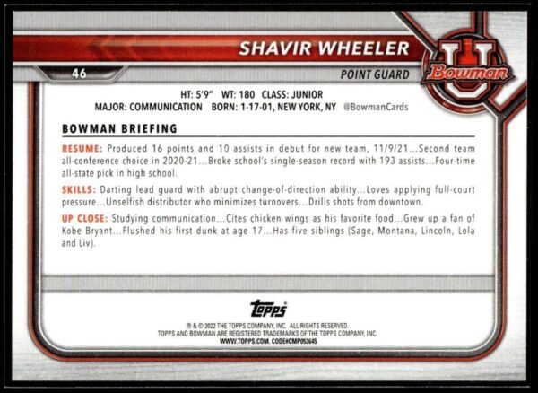 2022 Topps Bowman University  #46 Shavir Wheeler