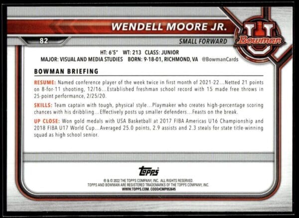 2022 Topps Bowman University  #82 Wendell Moore Jr.