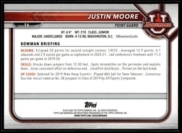 _10 2022 Topps Bowman University #56 Justin Moore