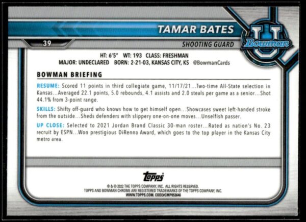 2022 Topps Bowman University  #39 Tamar Bates Pink Refractor