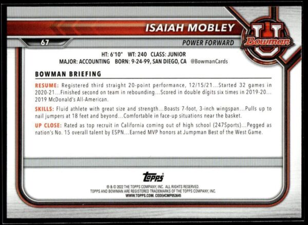 _10 2022 Topps Bowman University #67 Isaiah Mobley