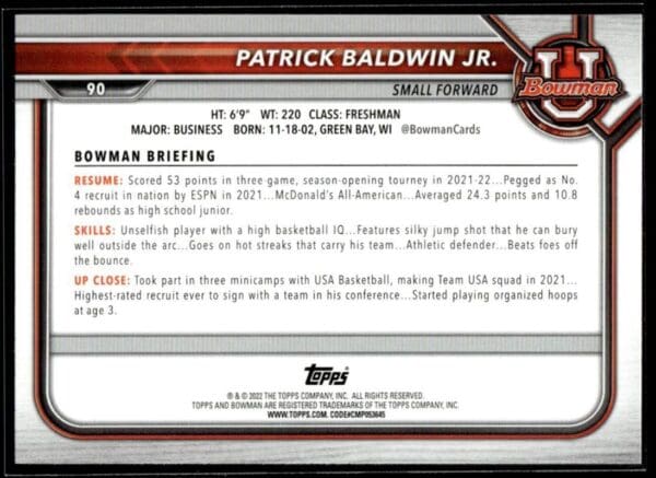 2022 Topps Bowman University  #90 Patrick Baldwin Jr.